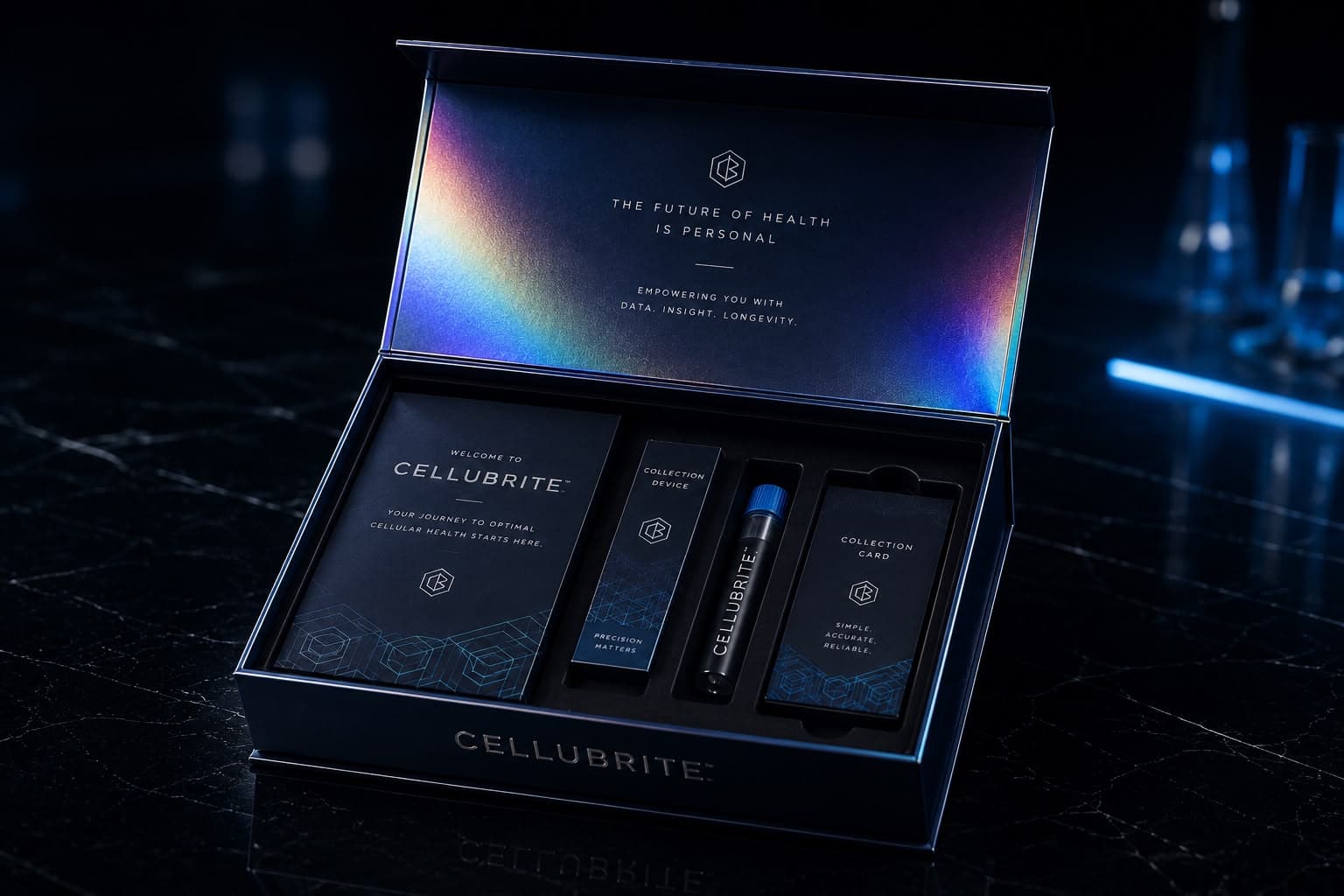 The Cellubrite kit opened, showing the collection device and collection card