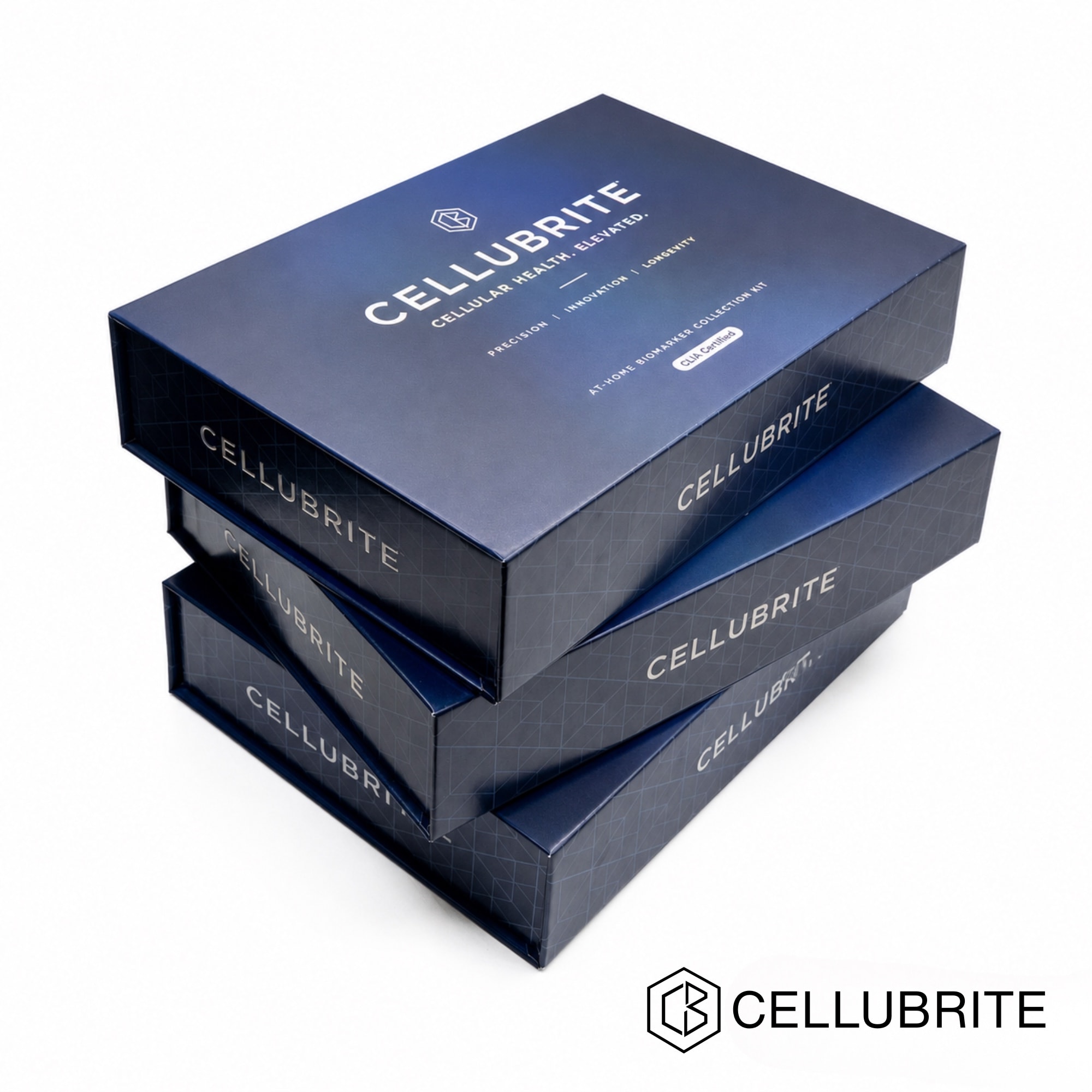 Four navy Cellubrite collection kit boxes stacked at angles